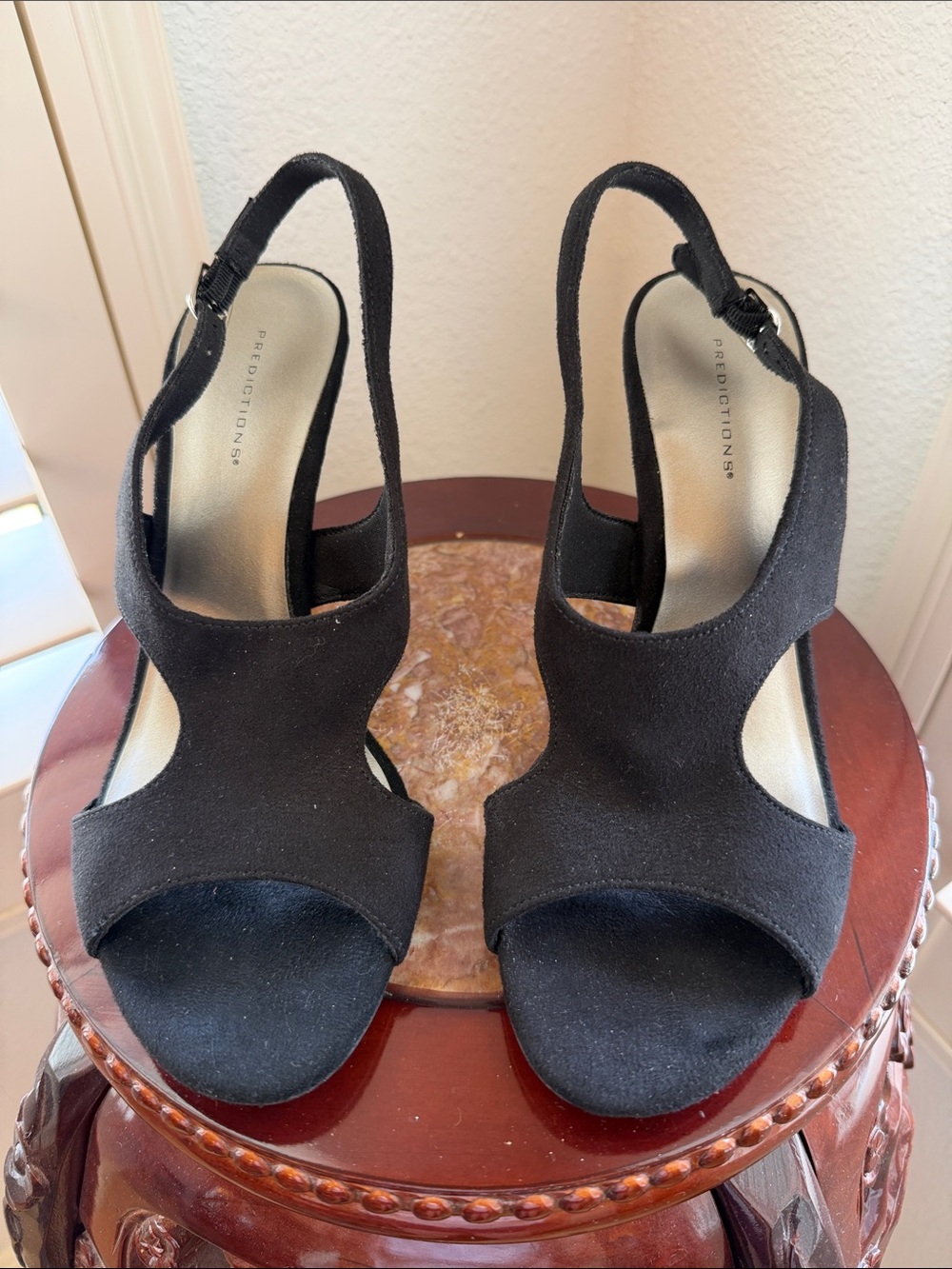 Predictions Slingback High Heel 8 Black Suede Look Open Toes 3 1/2” Heel Evening